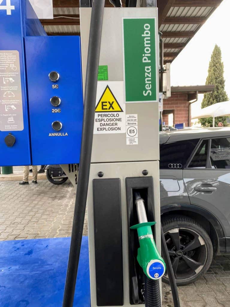 Benzina pump at an Italian gas station.