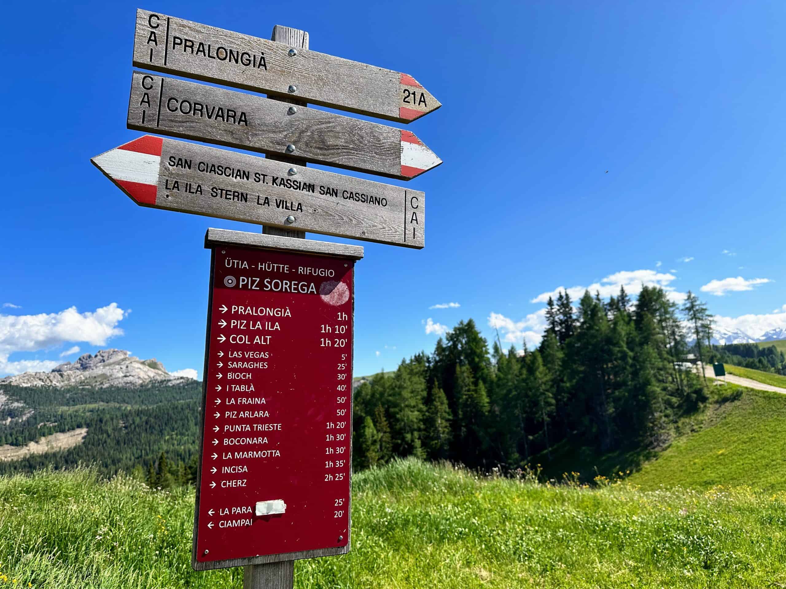 Trail signs in the Dolomites in Italy.