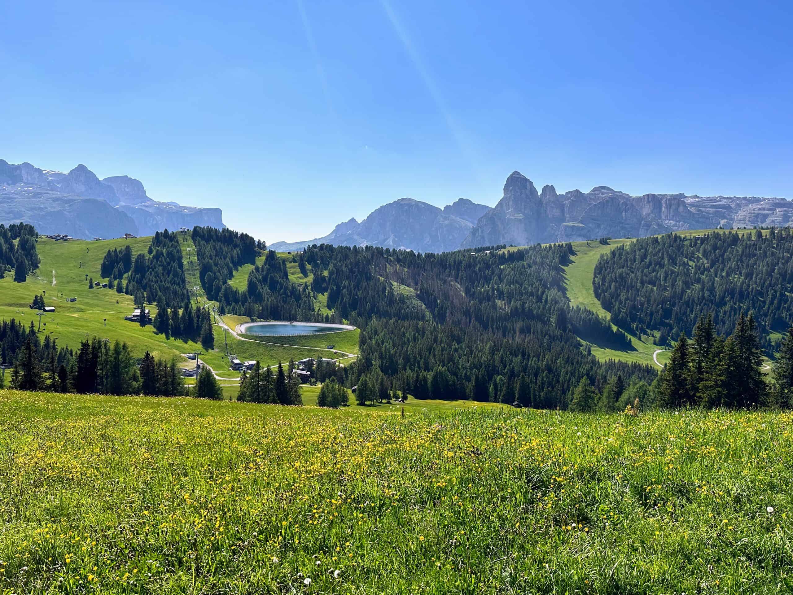 View of Dolomites mountains with forest and grassy areas. You can see a small pond/reservoir in the distance.