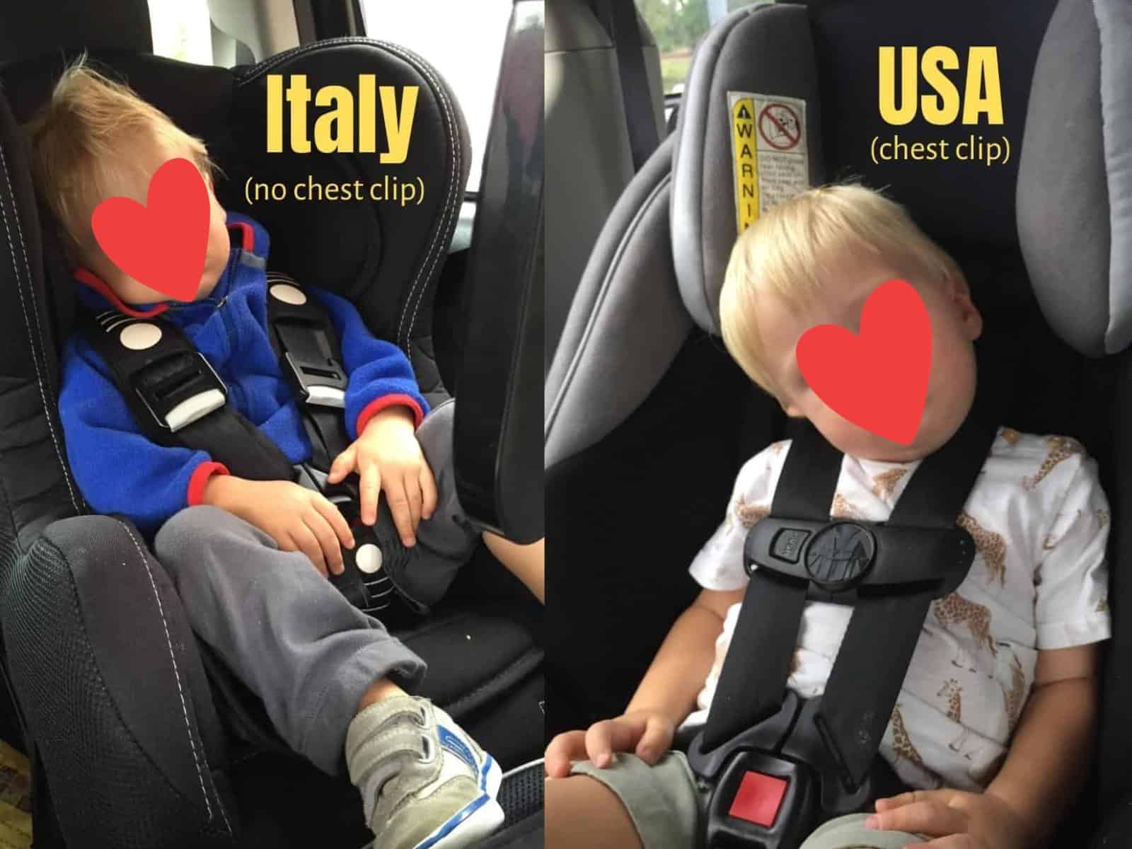 Two boys side-by-side in car seats without and with chest clips.