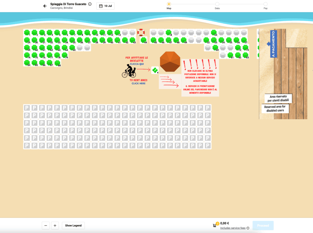 Digital map of beach club set up at Torre Guaceto in Puglia, Italy. Green umbrellas show spots that can still be booked and grey umbrellas represent spots that are already booked.