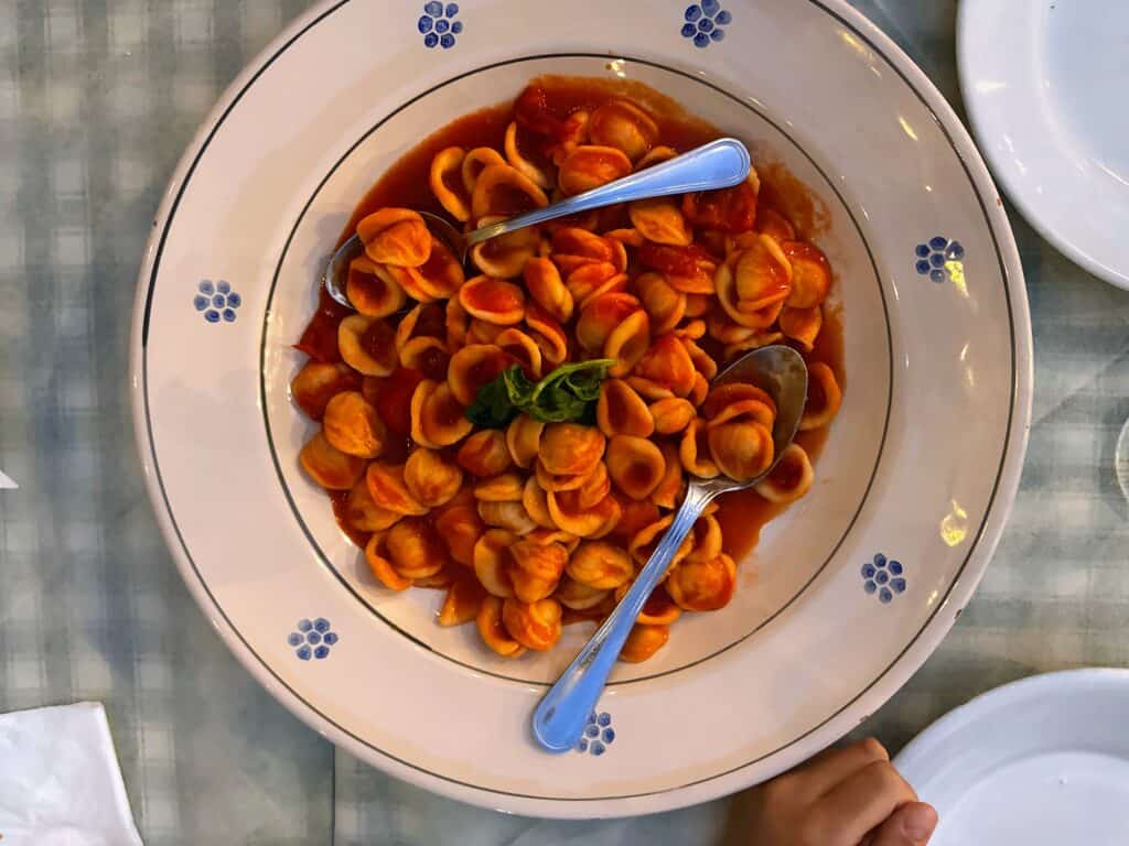 Plate of orecchiette pasta with tomato sauce. Two small spoons in the pasta. Child's hand near the bottom of the plate.