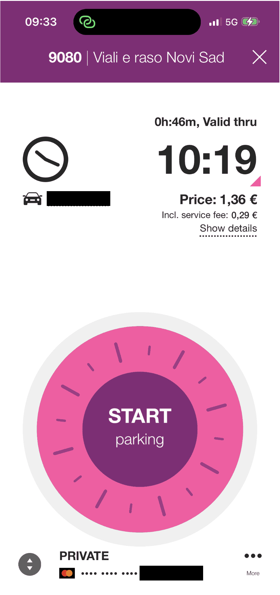 Phone screenshot of Easy Park app that shows parking being paid in Italy. Button needs to be clicked to 'START parking.'