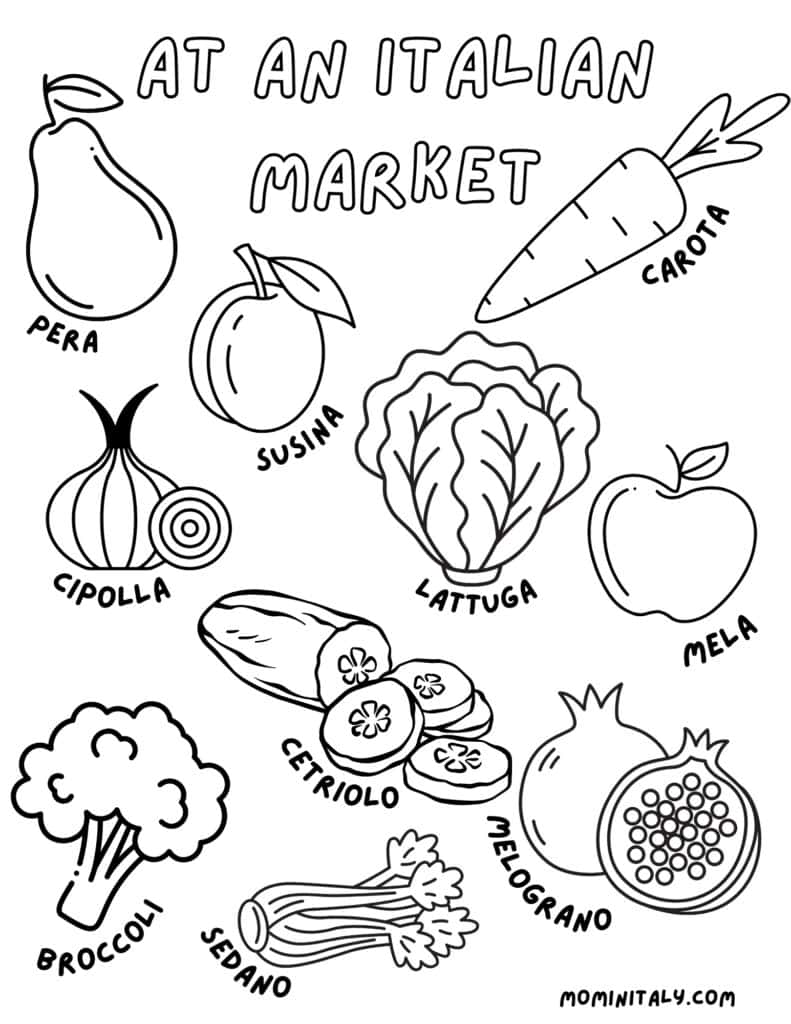 Black and white line drawings of fruits and vegetables with their Italian translations. The page is titled in text at the top, "At an Italian Market."