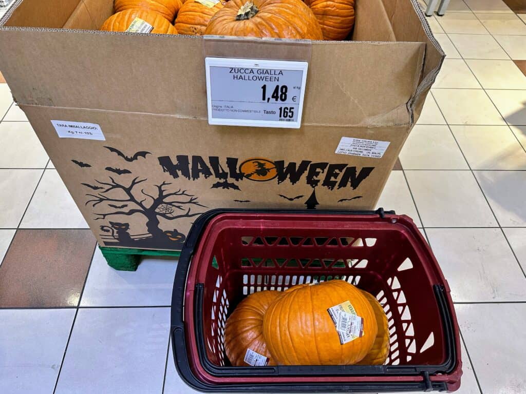 Box of pumpkins for sale at grocery store in Italy. Basket with three pumpkins inside is in front of box.