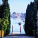 View from along the water in Stresa, Italy. Cypress trees and statues on either side of small stone boat dock.